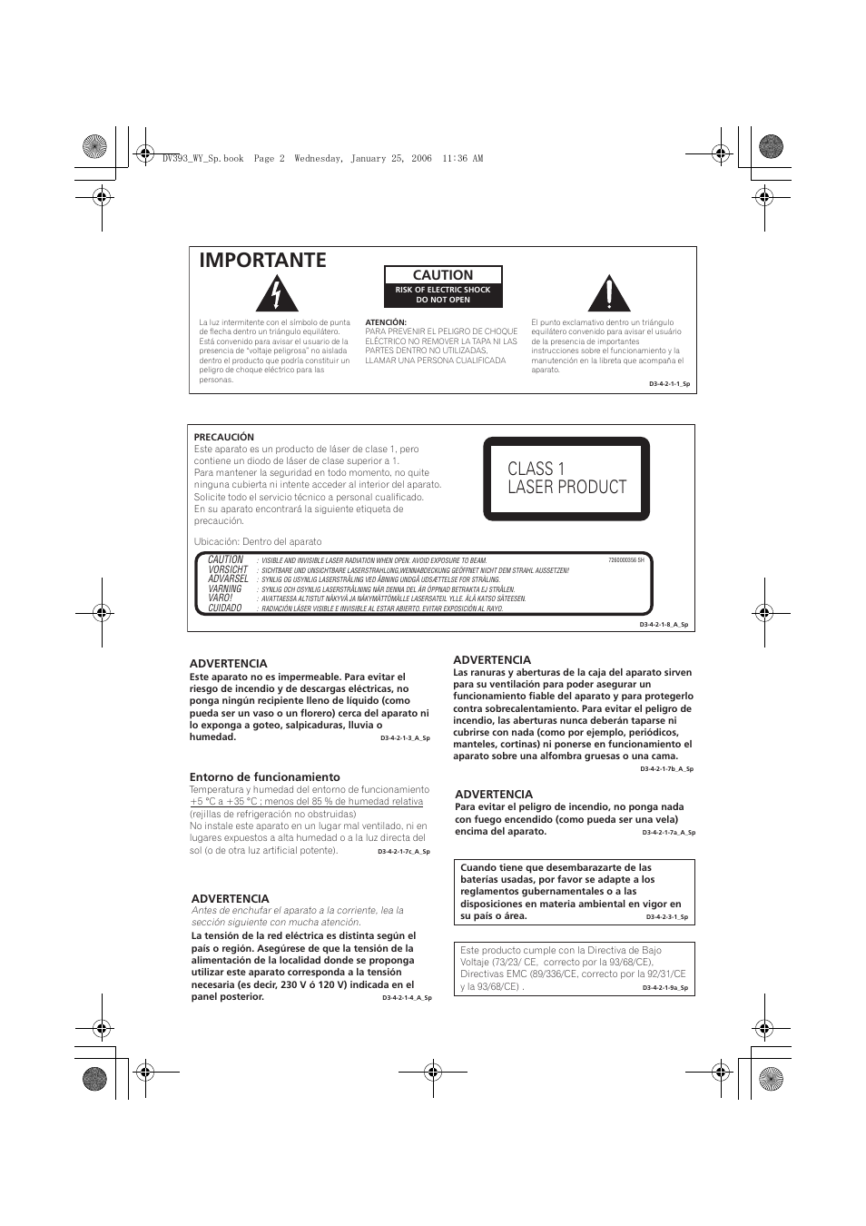 Importante, Class 1 laser product, Caution | Pioneer DV-393-S User Manual | Page 2 / 95