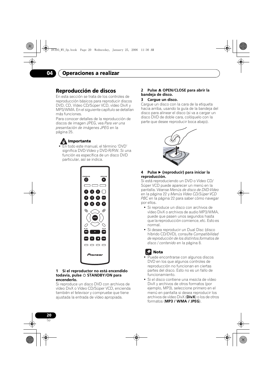 Reproducción de discos, Operaciones a realizar 04 | Pioneer DV-393-S User Manual | Page 20 / 95