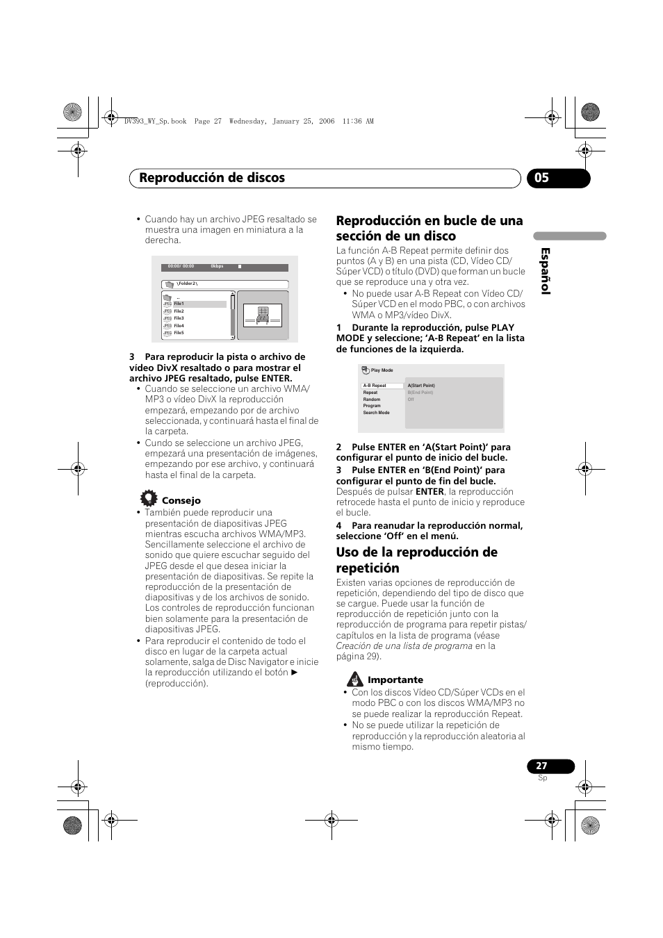 Reproducción en bucle de una sección de un disco, Uso de la reproducción de repetición, Reproducción de discos 05 | Espa ñol | Pioneer DV-393-S User Manual | Page 27 / 95