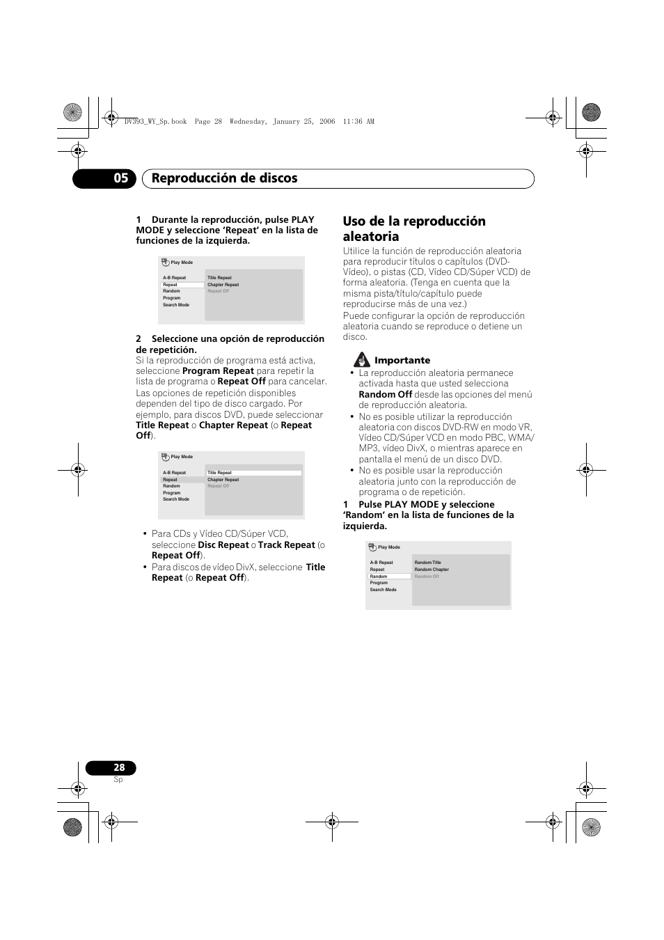 Uso de la reproducción aleatoria, Reproducción de discos 05 | Pioneer DV-393-S User Manual | Page 28 / 95