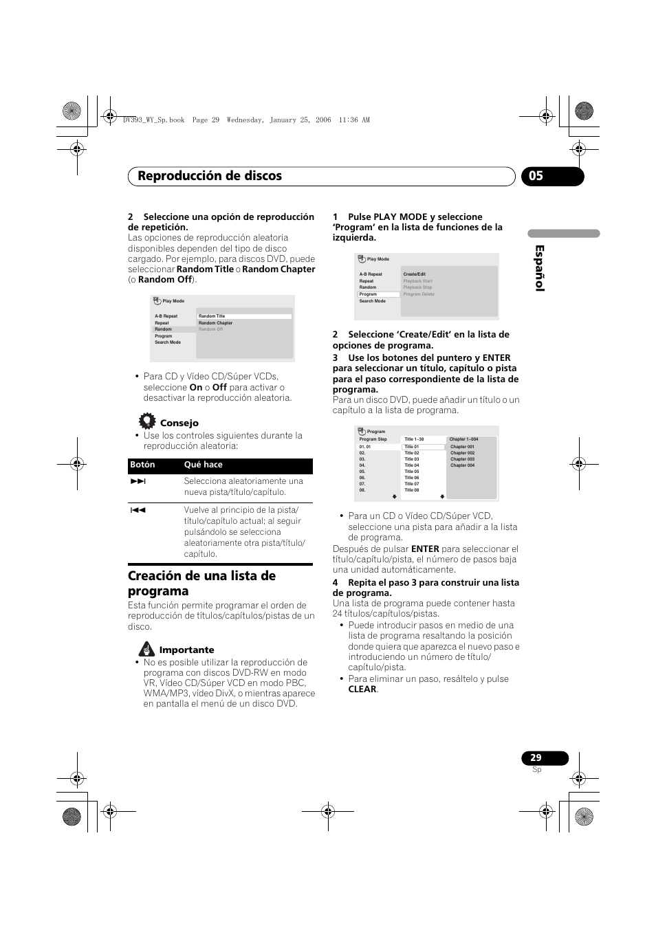 Creación de una lista de programa, Reproducción de discos 05, Espa ñol | Pioneer DV-393-S User Manual | Page 29 / 95