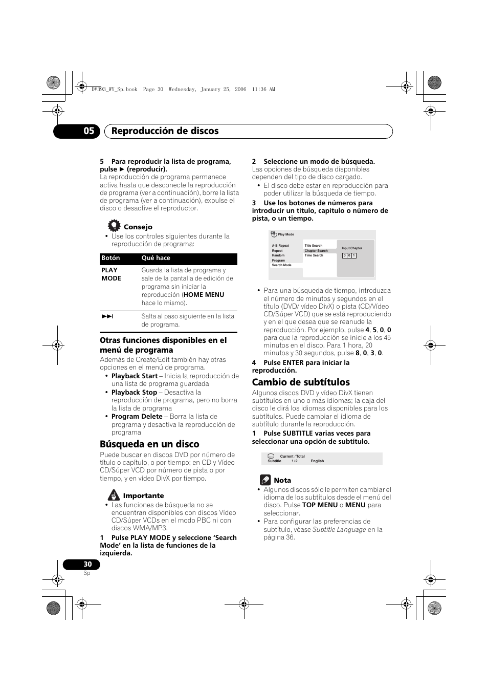 Otras funciones disponibles en el menú de programa, Búsqueda en un disco, Cambio de subtítulos | Reproducción de discos 05 | Pioneer DV-393-S User Manual | Page 30 / 95