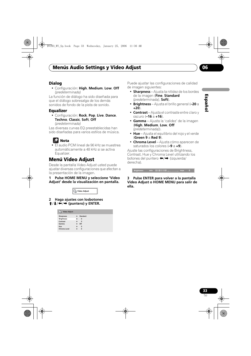 Dialog, Equalizer, Menú video adjust | Menús audio settings y video adjust 06, Espa ñol | Pioneer DV-393-S User Manual | Page 33 / 95