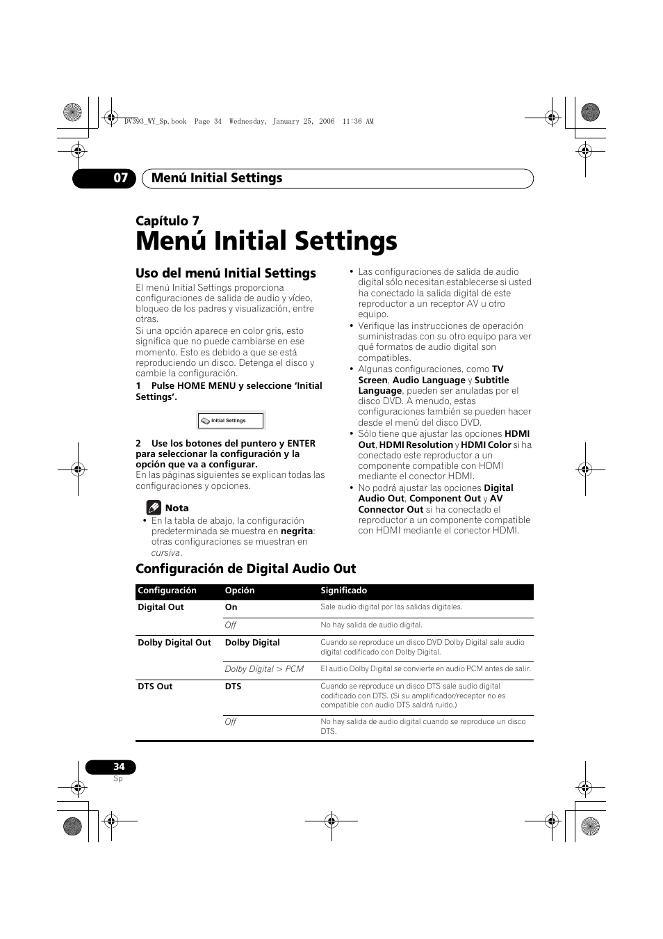 07 menú initial settings, Uso del menú initial settings, Configuración de digital audio out | Menú initial settings, Menú initial settings 07, Capítulo 7 | Pioneer DV-393-S User Manual | Page 34 / 95