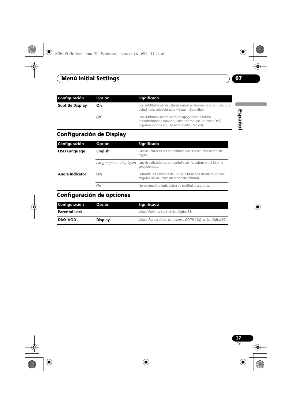 Configuración de display, Configuración de opciones, Menú initial settings 07 | Configuración de display configuración de opciones | Pioneer DV-393-S User Manual | Page 37 / 95