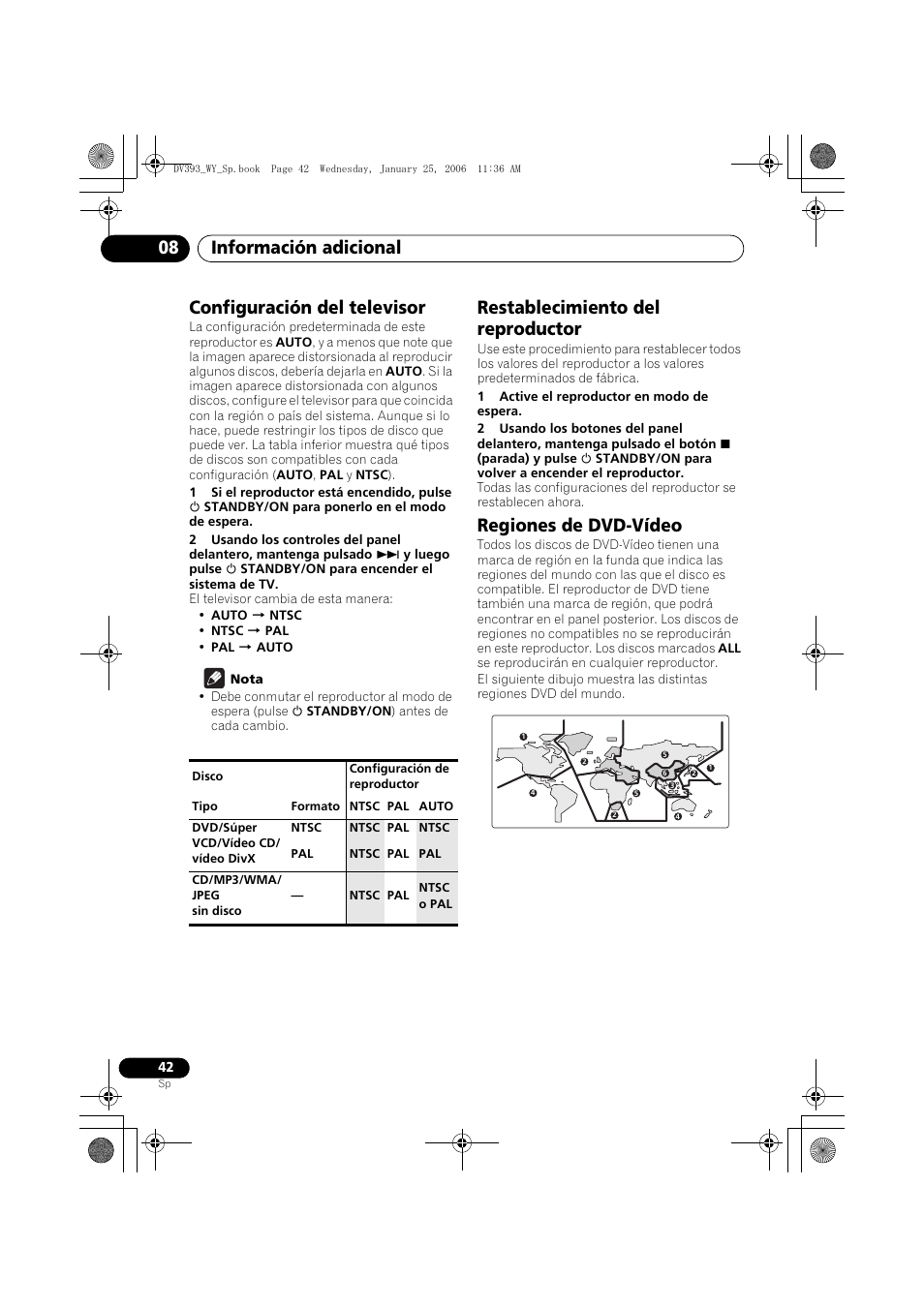 Configuración del televisor, Restablecimiento del reproductor, Regiones de dvd-vídeo | Información adicional 08 | Pioneer DV-393-S User Manual | Page 42 / 95