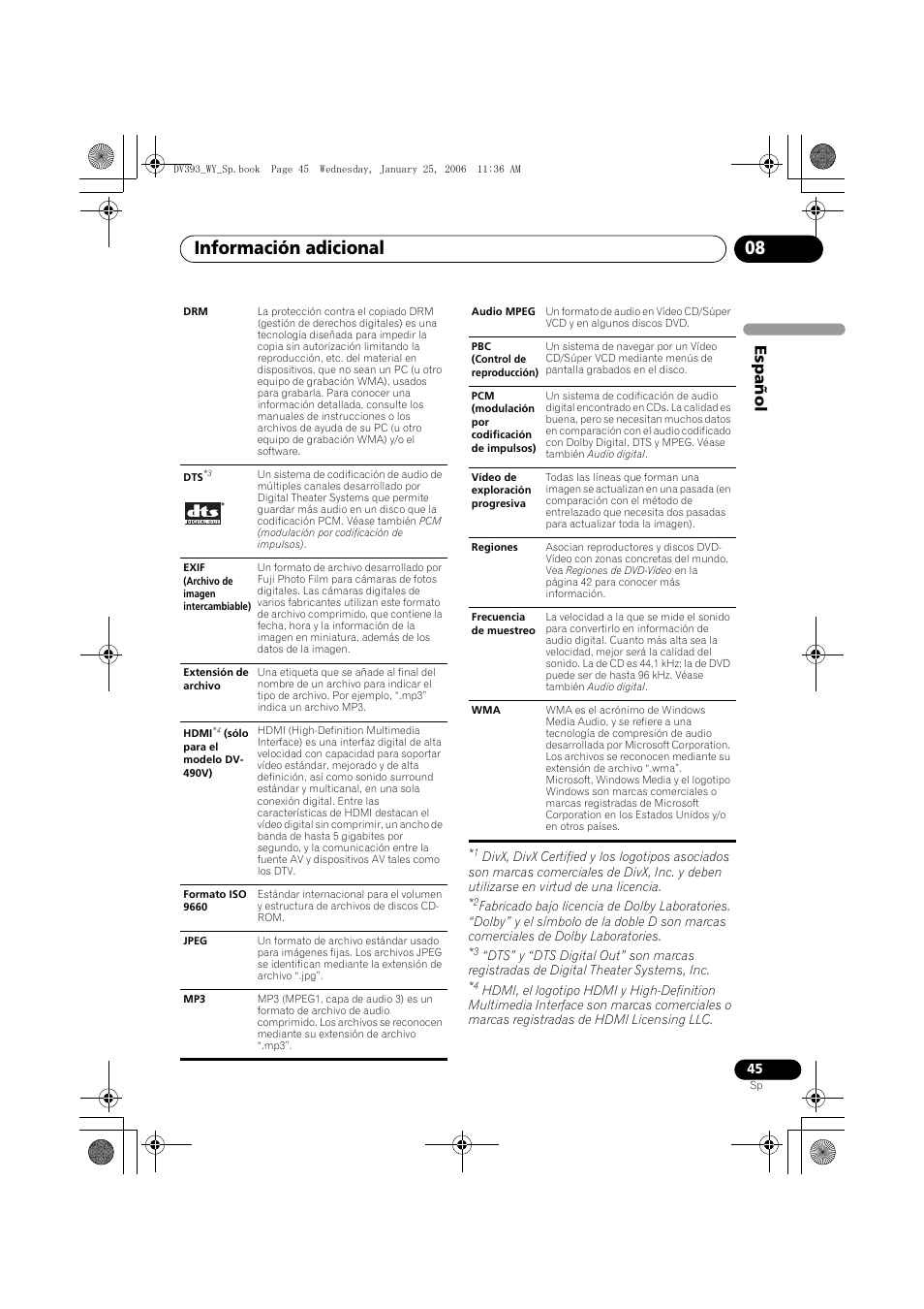 Información adicional 08, Espa ñol | Pioneer DV-393-S User Manual | Page 45 / 95