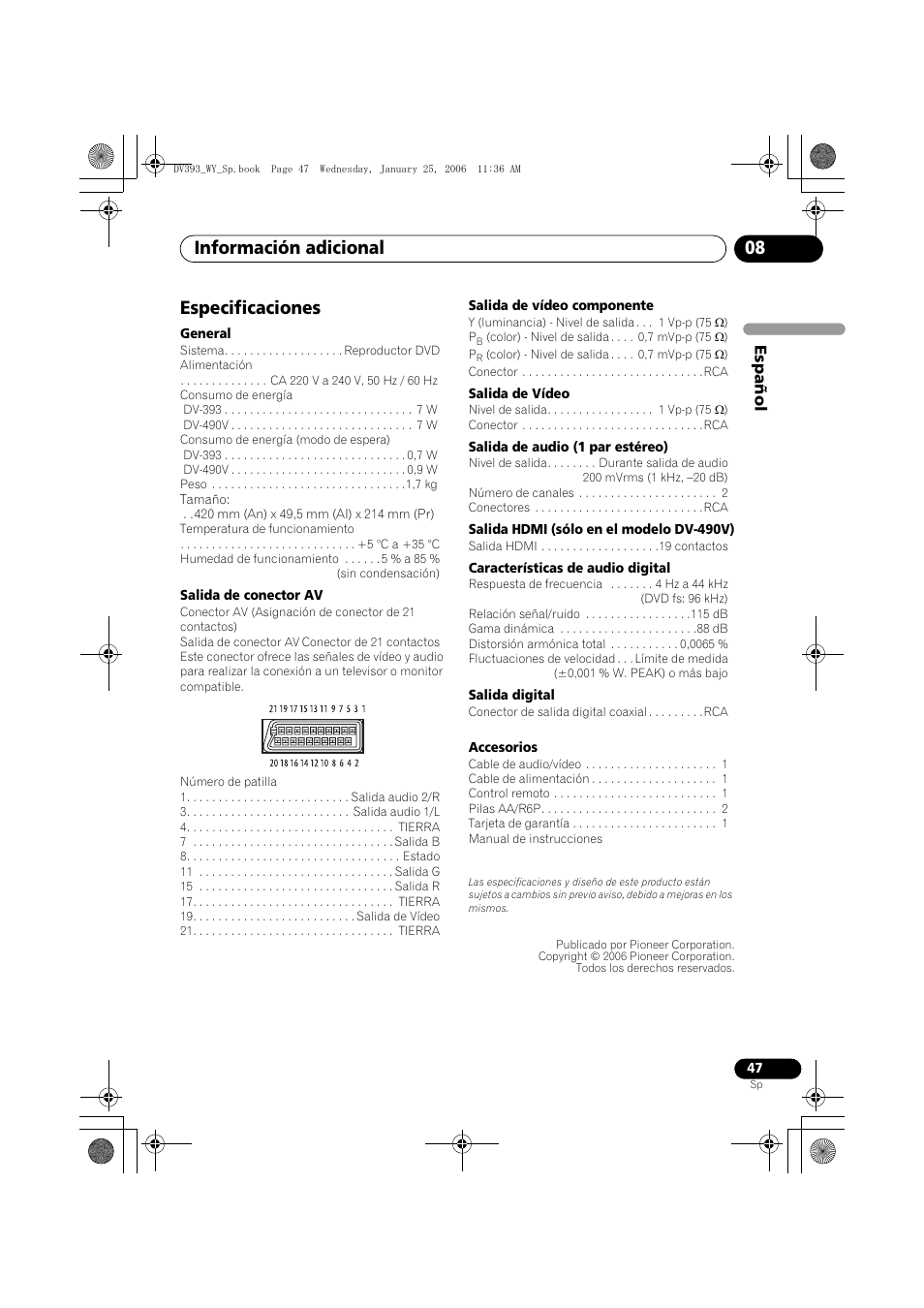 Especificaciones, Información adicional 08 | Pioneer DV-393-S User Manual | Page 47 / 95