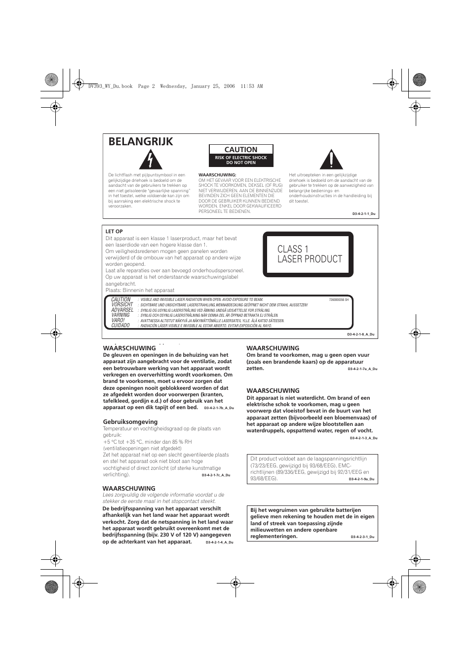 Belangrijk, Class 1 laser product, Caution | Pioneer DV-393-S User Manual | Page 48 / 95