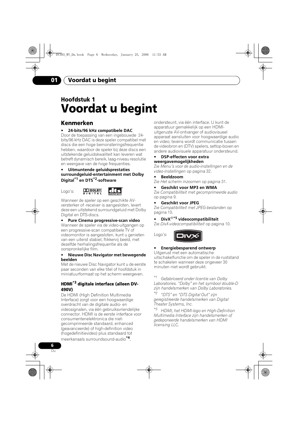 01 voordat u begint, Kenmerken, Voordat u begint | Voordat u begint 01, Hoofdstuk 1 | Pioneer DV-393-S User Manual | Page 52 / 95
