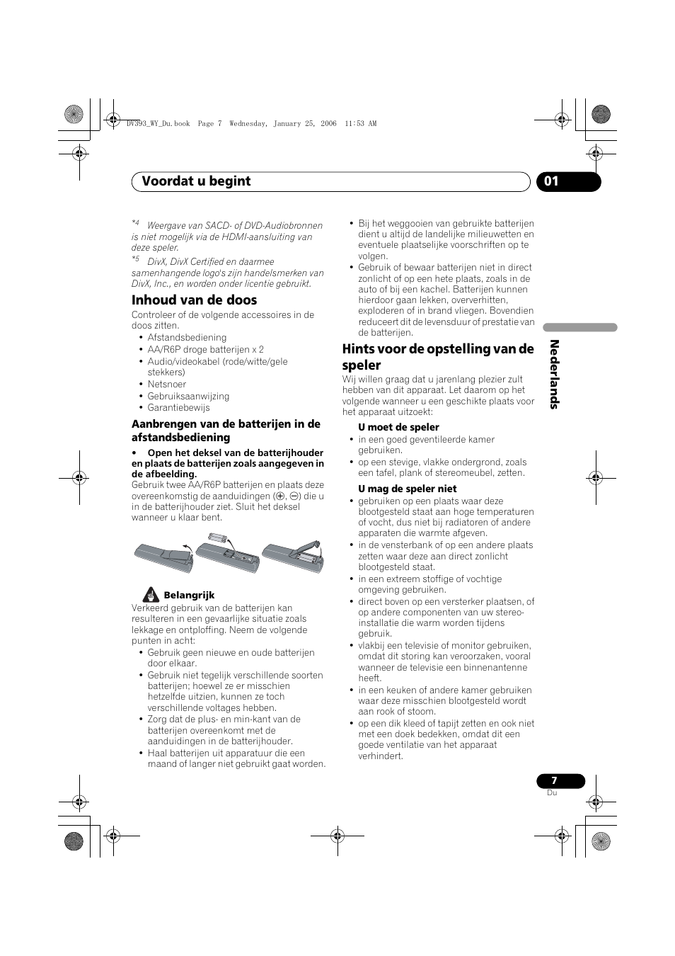 Inhoud van de doos, Hints voor de opstelling van de speler, Voordat u begint 01 | Pioneer DV-393-S User Manual | Page 53 / 95