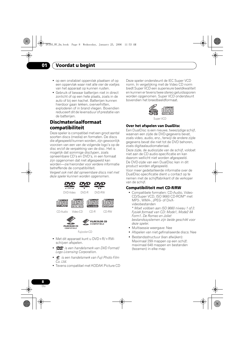 Disc/materiaalformaat compatibiliteit, Compatibiliteit met cd-r/rw, Voordat u begint 01 | Pioneer DV-393-S User Manual | Page 54 / 95