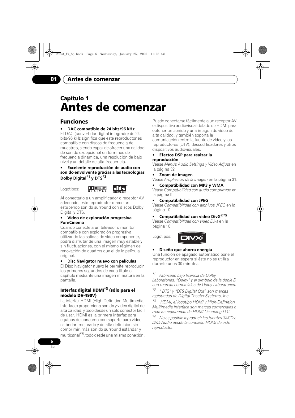 01 antes de comenzar, Funciones, Antes de comenzar | Antes de comenzar 01, Capítulo 1 | Pioneer DV-393-S User Manual | Page 6 / 95