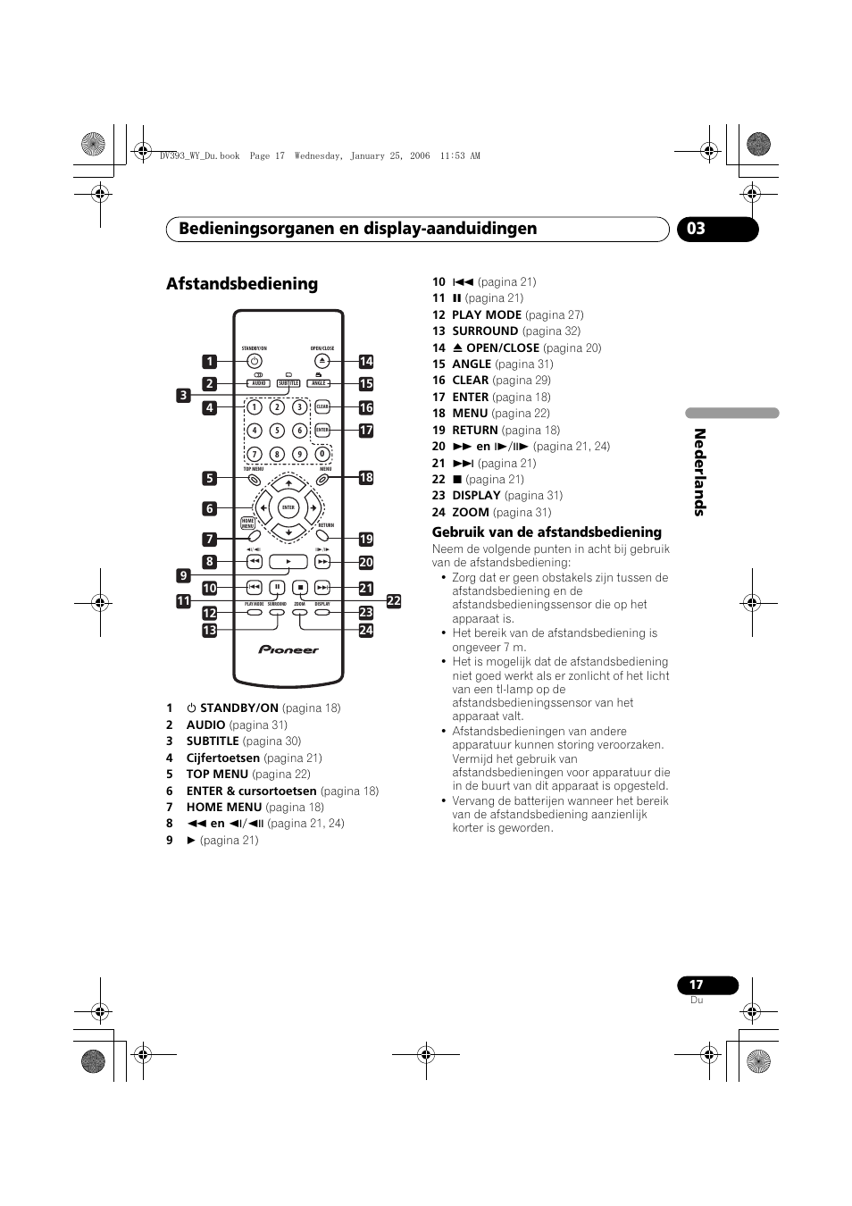Afstandsbediening, Gebruik van de afstandsbediening, Bedieningsorganen en display-aanduidingen 03 | Nede rlands | Pioneer DV-393-S User Manual | Page 63 / 95