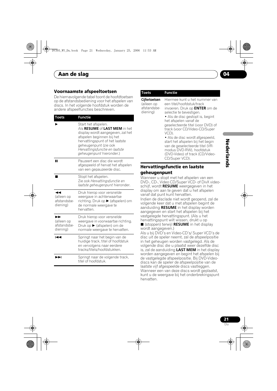 Voornaamste afspeeltoetsen, Hervattingsfunctie en laatste geheugenpunt, Aan de slag 04 | Pioneer DV-393-S User Manual | Page 67 / 95
