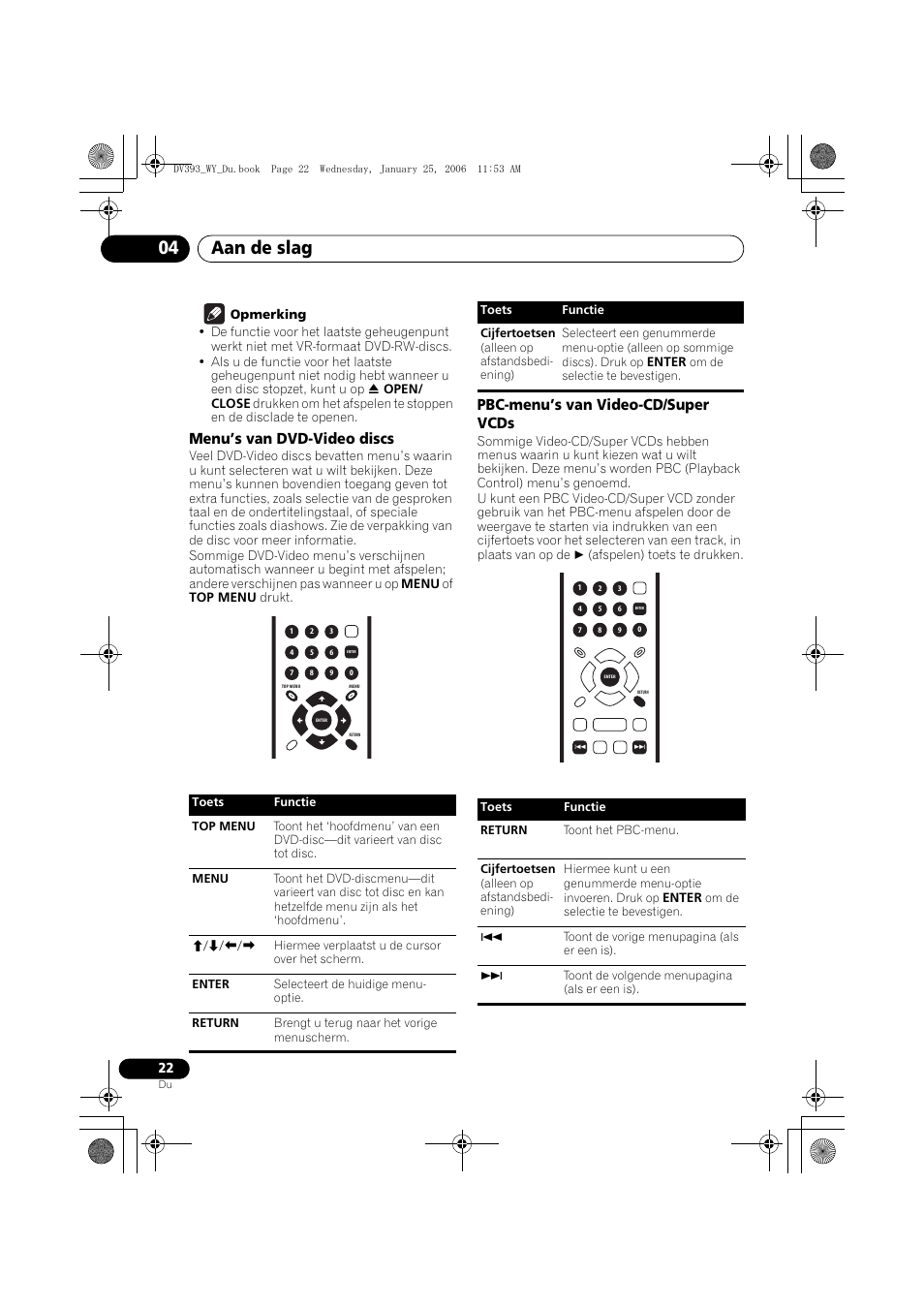 Menu’s van dvd-video discs, Pbc-menu’s van video-cd/ super vcds, Aan de slag 04 | Pbc-menu’s van video-cd/super vcds | Pioneer DV-393-S User Manual | Page 68 / 95