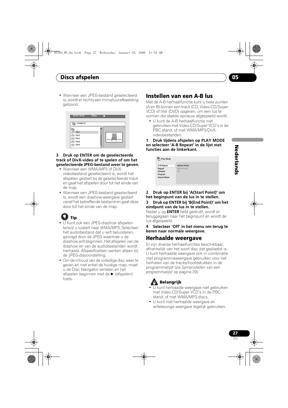 Instellen van een a-b lus, Herhaalde weergave, Discs afspelen 05 | Nede rlands | Pioneer DV-393-S User Manual | Page 73 / 95