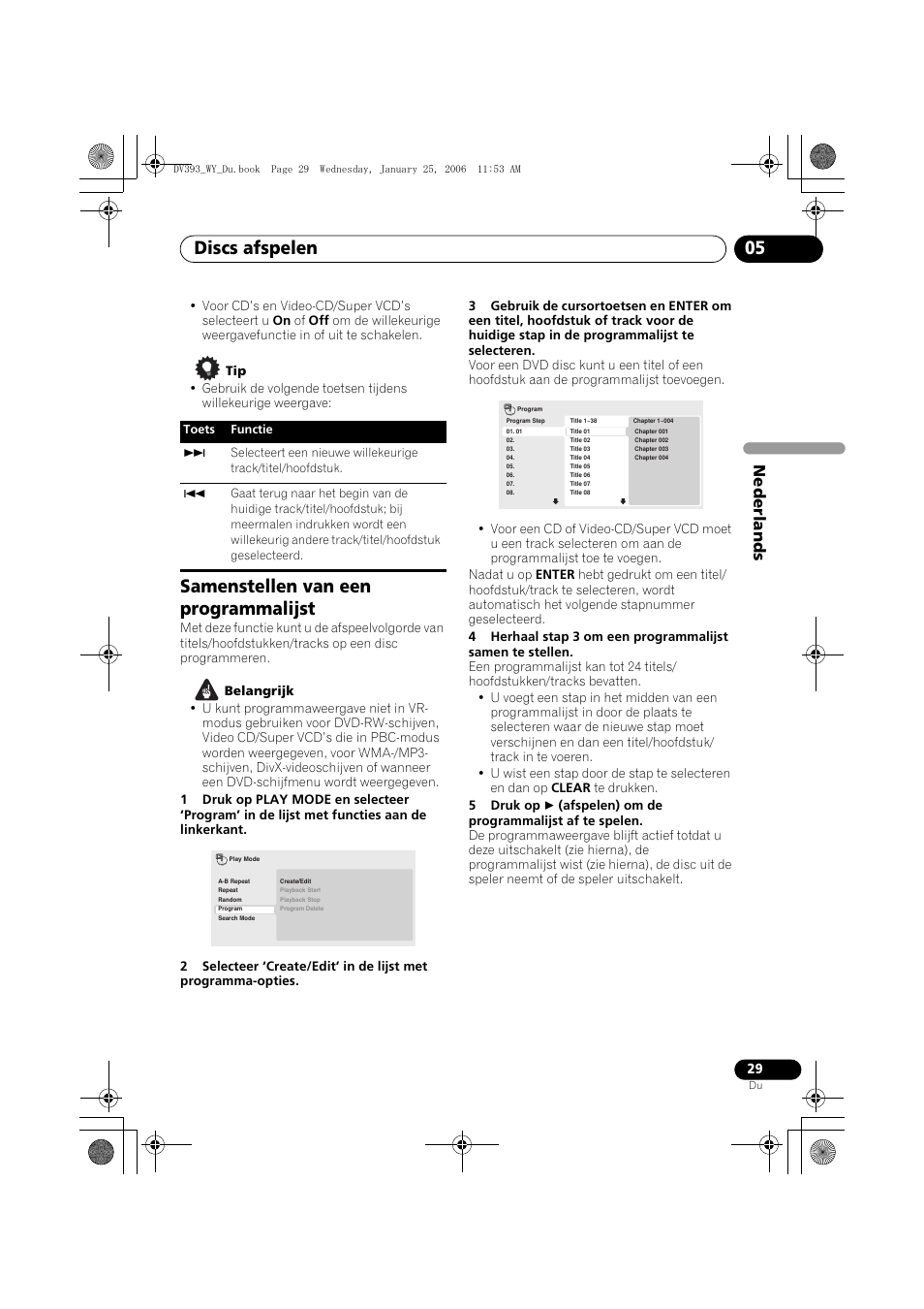 Samenstellen van een programmalijst, Discs afspelen 05, Nede rlands | Pioneer DV-393-S User Manual | Page 75 / 95