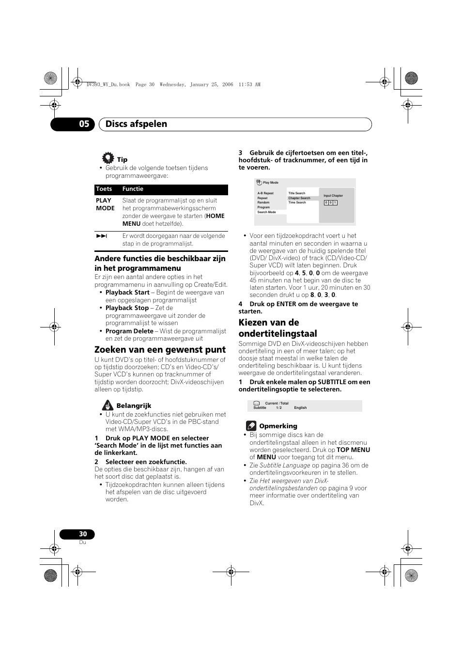 Zoeken van een gewenst punt, Kiezen van de ondertitelingstaal, Discs afspelen 05 | Pioneer DV-393-S User Manual | Page 76 / 95