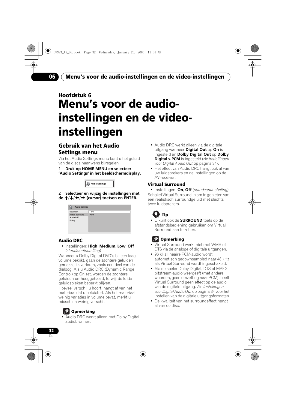 Gebruik van het audio settings menu, Audio drc, Virtual surround | Hoofdstuk 6 | Pioneer DV-393-S User Manual | Page 78 / 95