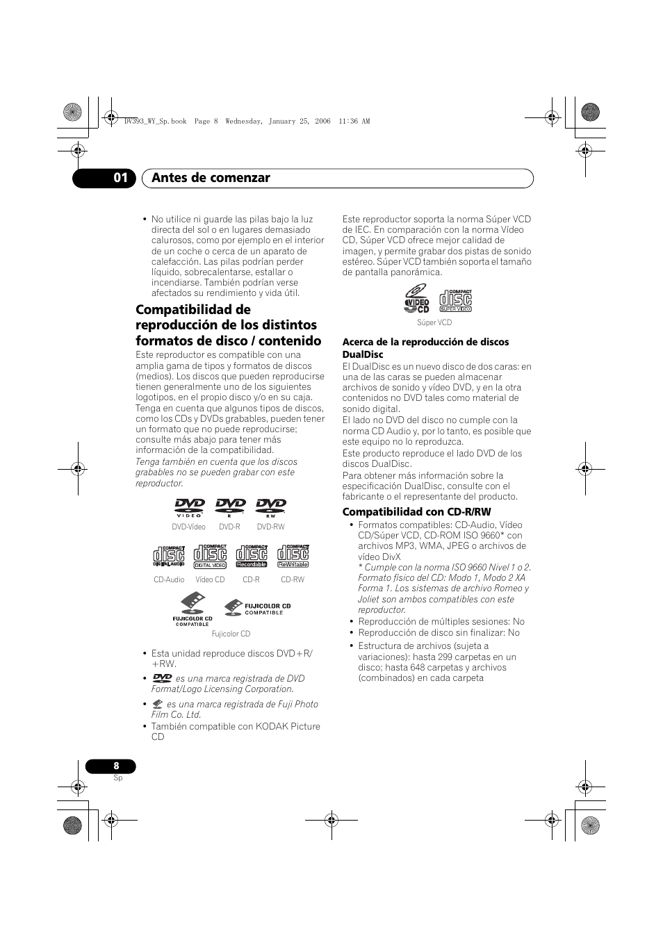 Compatibilidad con cd-r/rw, Antes de comenzar 01 | Pioneer DV-393-S User Manual | Page 8 / 95