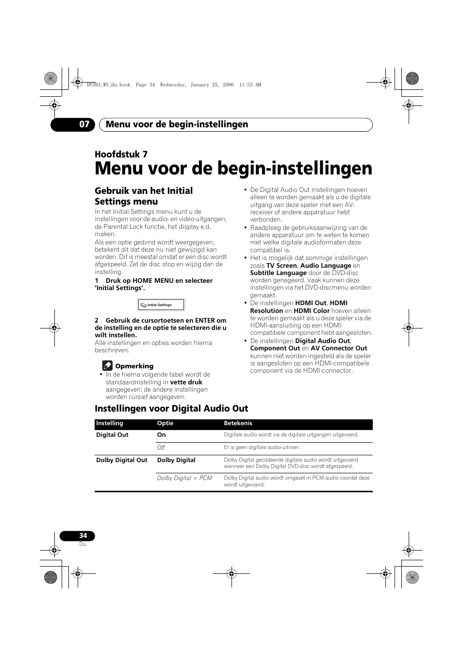 07 menu voor de begin-instellingen, Gebruik van het initial settings menu, Instellingen voor digital audio out | Menu voor de begin-instellingen, Menu voor de begin-instellingen 07, Hoofdstuk 7 | Pioneer DV-393-S User Manual | Page 80 / 95