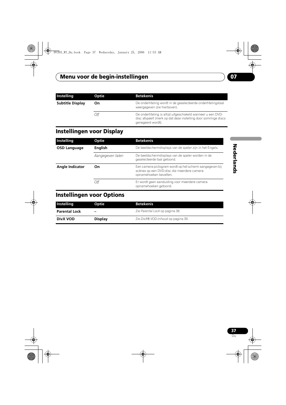 Instellingen voor display, Instellingen voor options, Menu voor de begin-instellingen 07 | Pioneer DV-393-S User Manual | Page 83 / 95