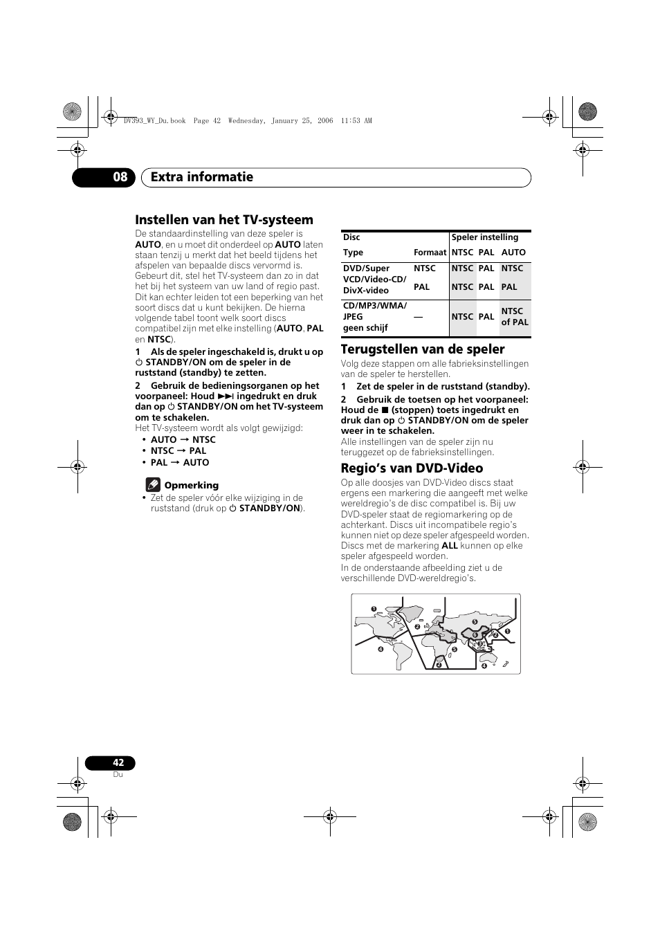 Instellen van het tv-systeem, Terugstellen van de speler, Regio’s van dvd-video | Extra informatie 08 | Pioneer DV-393-S User Manual | Page 88 / 95