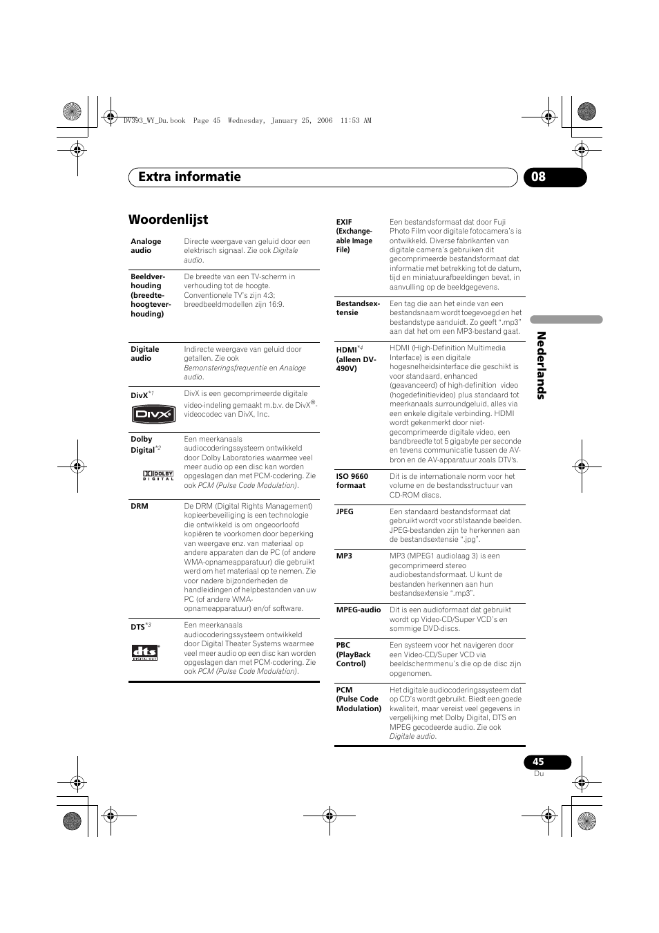 Woordenlijst, Extra informatie 08, Nede rlands | Pioneer DV-393-S User Manual | Page 91 / 95