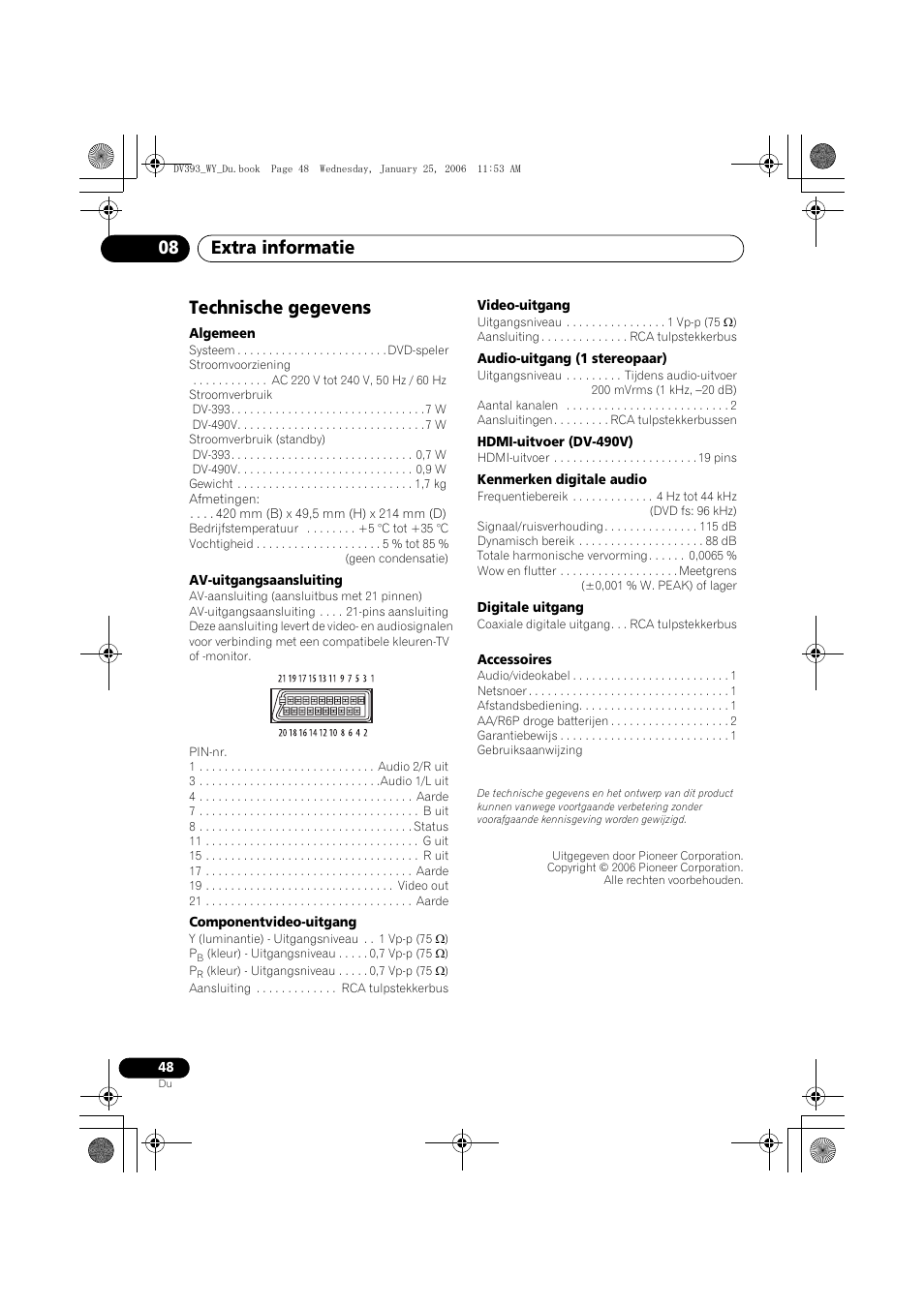 Technische gegevens, Extra informatie 08 | Pioneer DV-393-S User Manual | Page 94 / 95