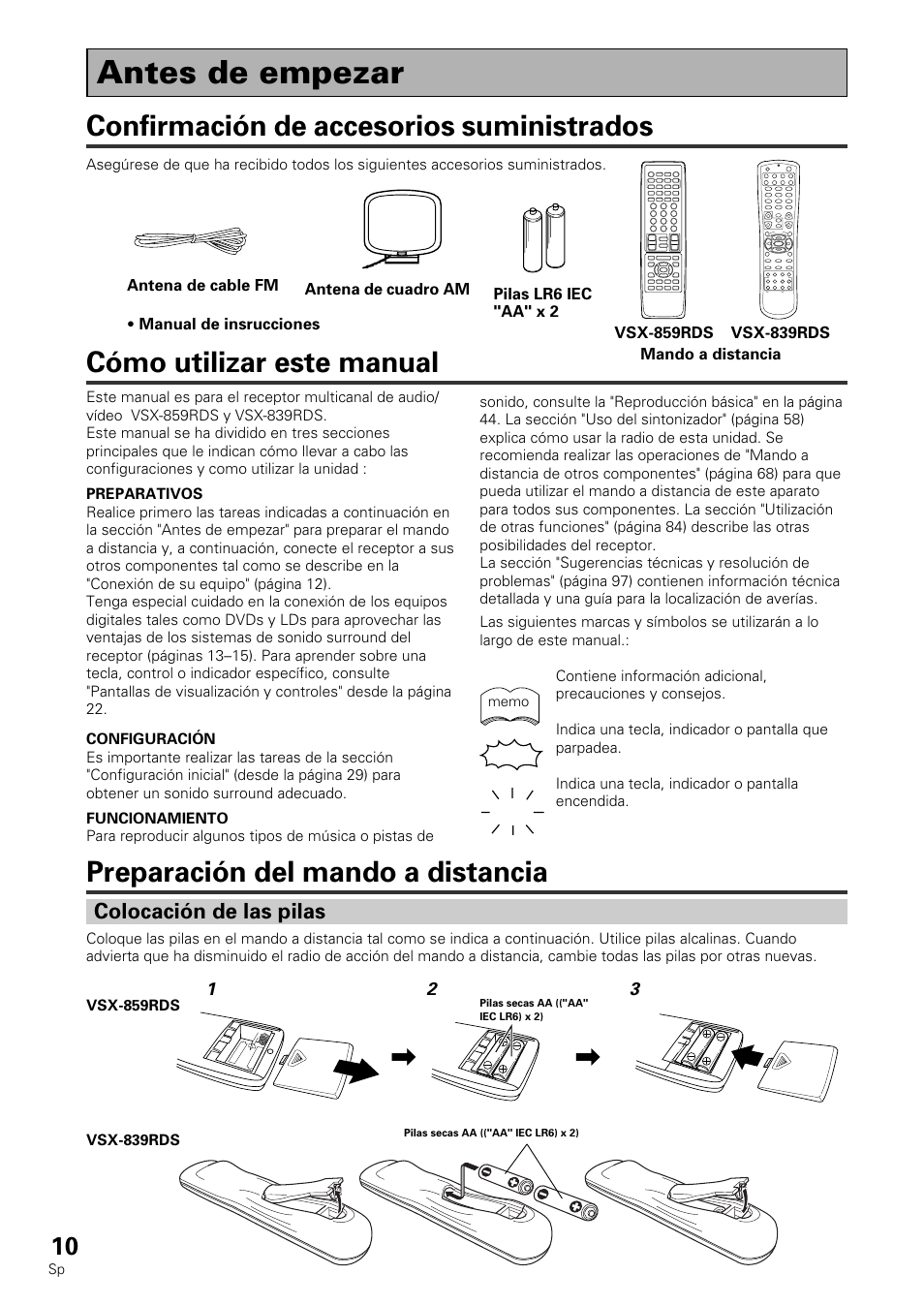 Antes de empezar, Confirmación de accesorios suministrados, Colocación de las pilas | Pioneer VSX-839RDS User Manual | Page 10 / 116