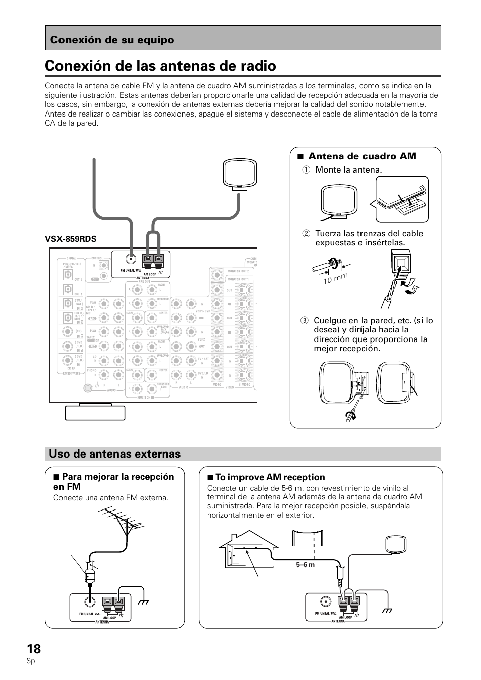 Conexión de las antenas de radio, Uso de antenas externas, Conexión de su equipo | Pioneer VSX-839RDS User Manual | Page 18 / 116