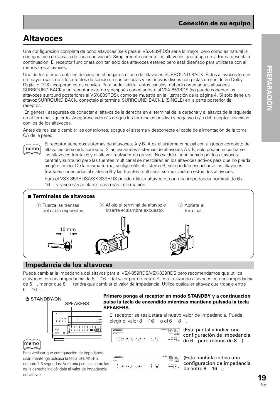 Altavoces, Opera tion prep aración, Impedancia de los altavoces | Conexión de su equipo | Pioneer VSX-839RDS User Manual | Page 19 / 116