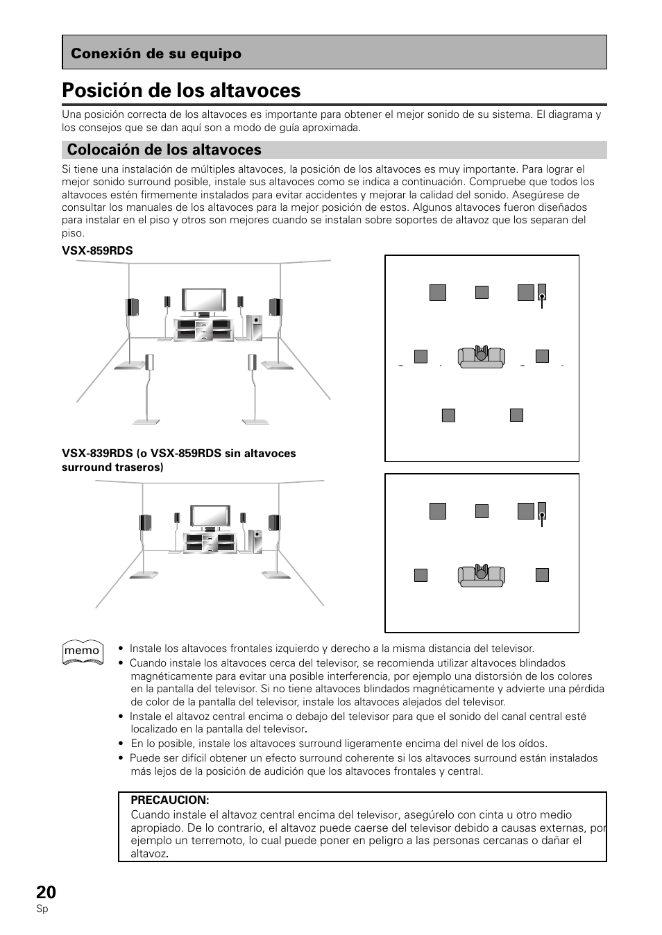 Posición de los altavoces, Colocaión de los altavoces, Conexión de su equipo | Pioneer VSX-839RDS User Manual | Page 20 / 116