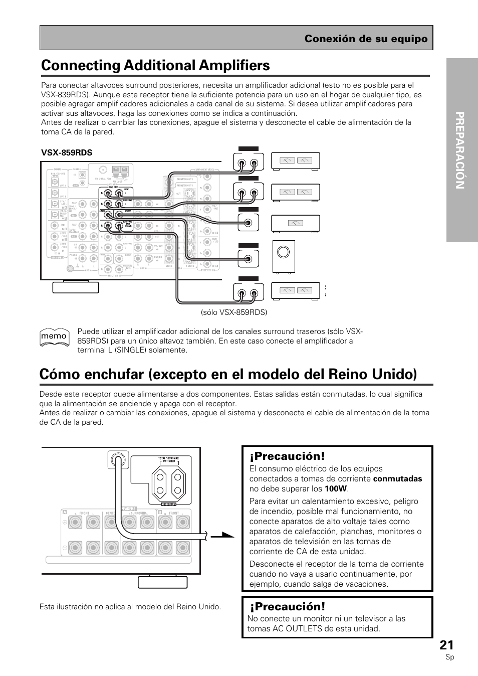 Connecting additional amplifiers, Opera tion prep aración, Precaución | Conexión de su equipo | Pioneer VSX-839RDS User Manual | Page 21 / 116