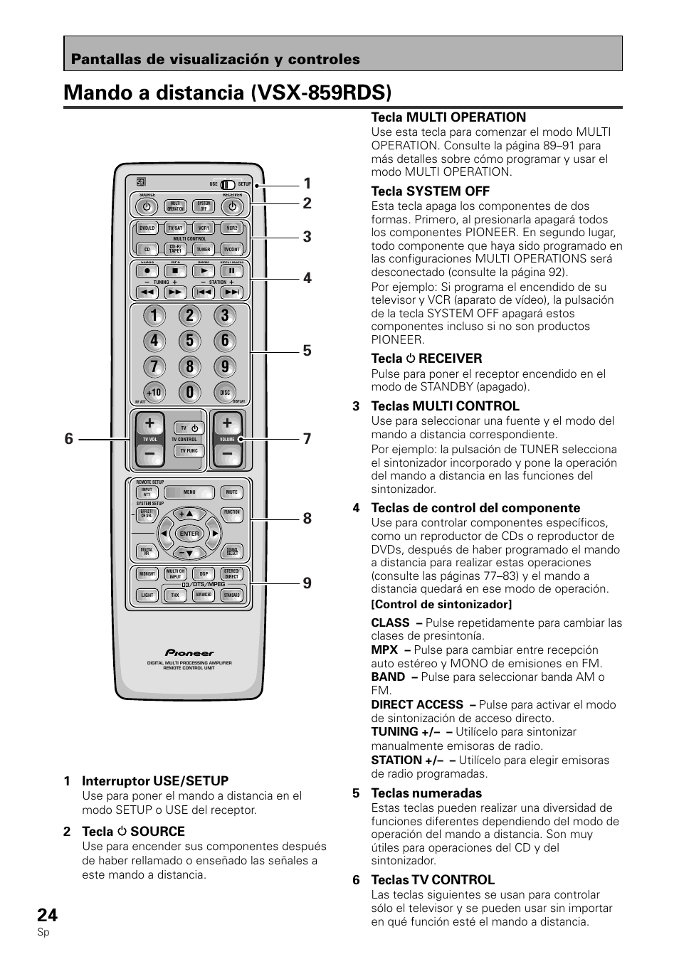 Mando a distancia (vsx-859rds), Pantallas de visualización y controles, 1 interruptor use/setup | 2 tecla source, Tecla multi operation, Tecla system off, Tecla receiver, 3 teclas multi control, 4 teclas de control del componente, 5 teclas numeradas | Pioneer VSX-839RDS User Manual | Page 24 / 116