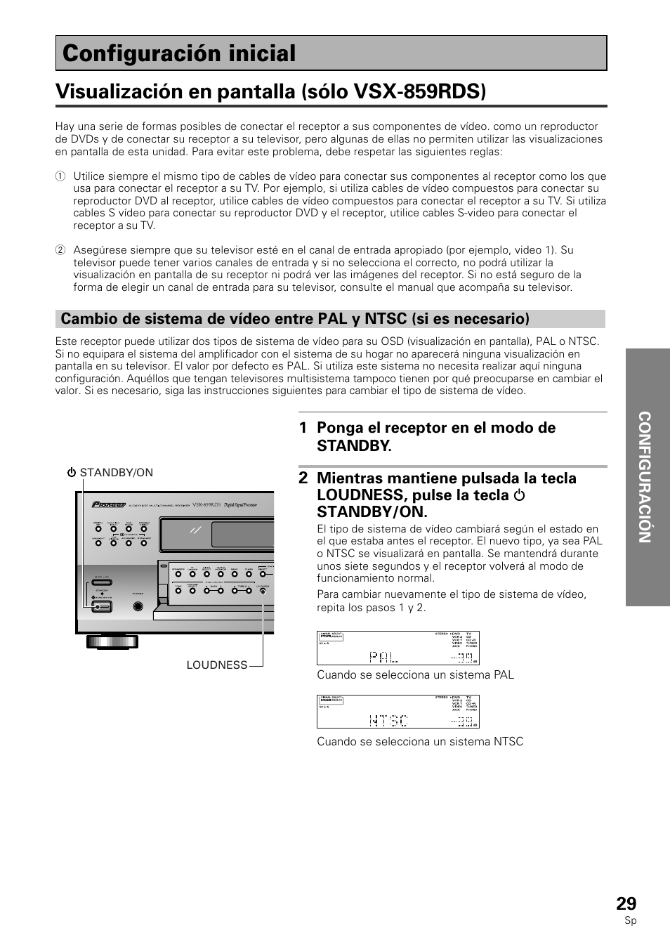Configuración inicial, Visualización en pantalla, Visualización en pantalla (sólo vsx-859rds) | Pioneer VSX-839RDS User Manual | Page 29 / 116
