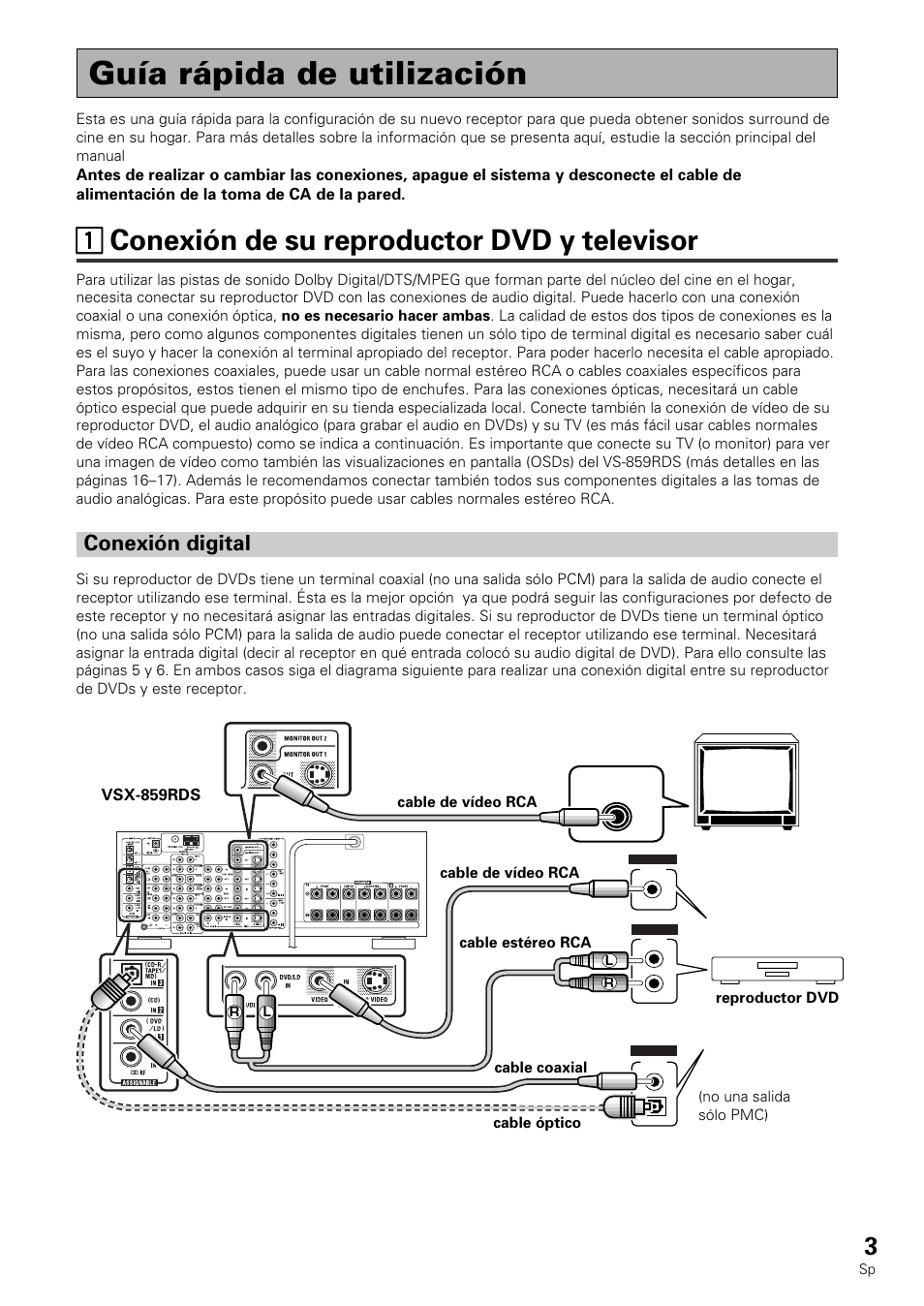 Guía rápida de utilización, 11 conexión de su reproductor dvd y televisor, Conexión digital | Pioneer VSX-839RDS User Manual | Page 3 / 116