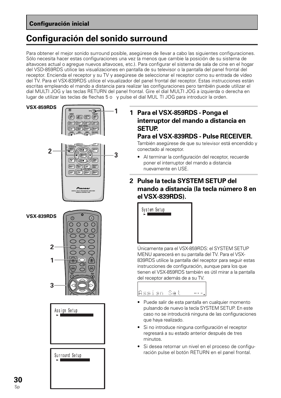 Configuración del sonido surround, Configuración inicial, Vsx-839rds | También asegúrese de que su, Televisor | Pioneer VSX-839RDS User Manual | Page 30 / 116