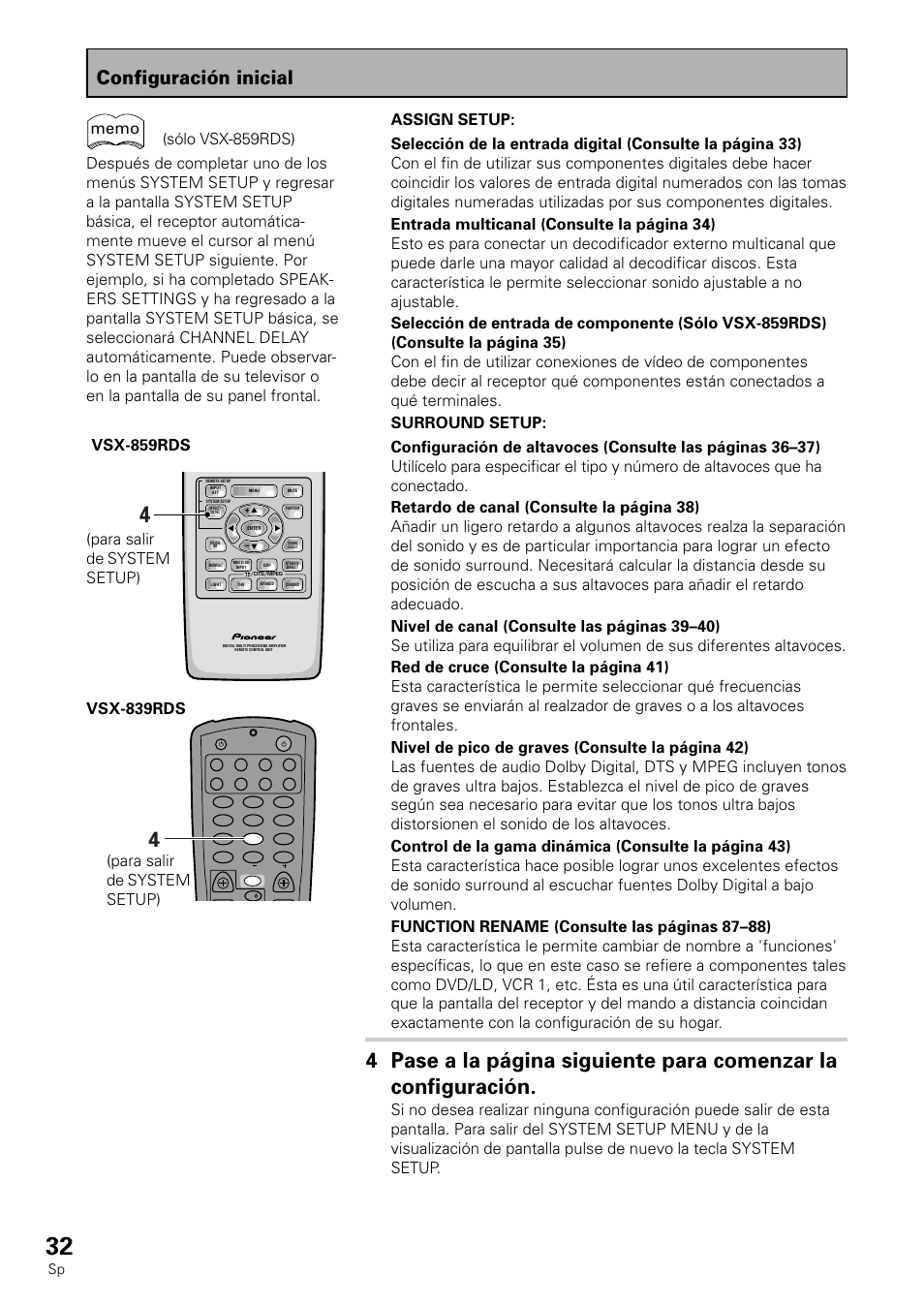 Configuración inicial, Para salir de system setup) | Pioneer VSX-839RDS User Manual | Page 32 / 116