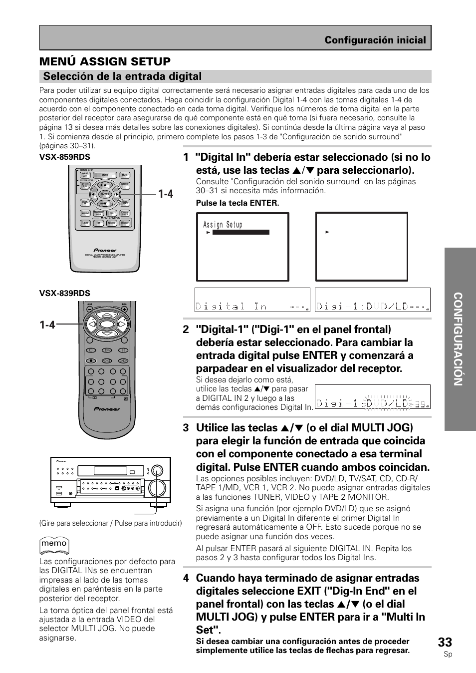 Configuración inicial, Multi jog (turn to select / push to enter), Gire para seleccionar / pulse para introducir) | Pioneer VSX-839RDS User Manual | Page 33 / 116