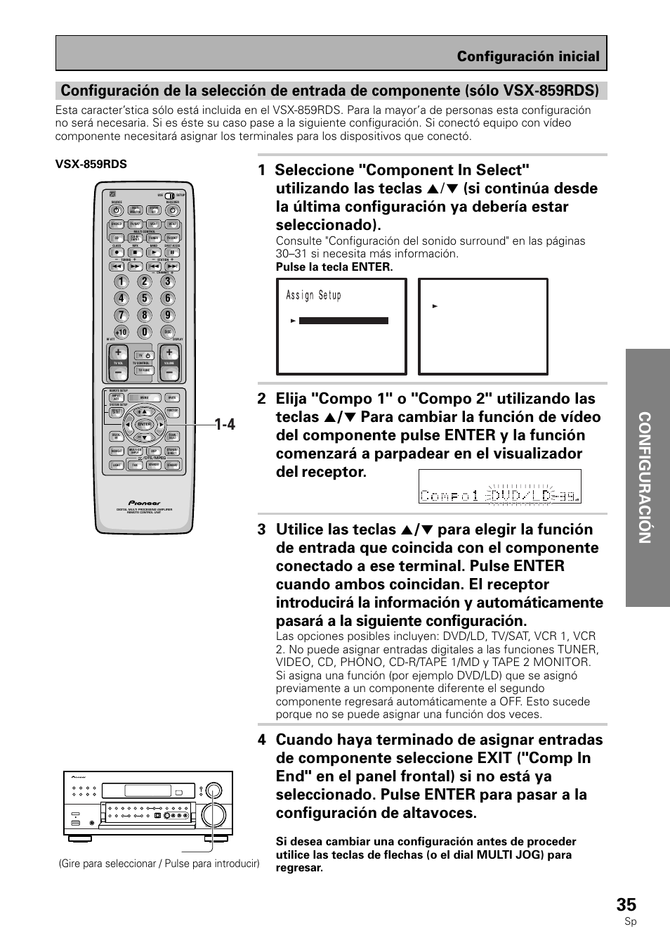 Configuración inicial, Vsx-859rds, Multi jog (turn to select / push to enter) | Gire para seleccionar / pulse para introducir) | Pioneer VSX-839RDS User Manual | Page 35 / 116