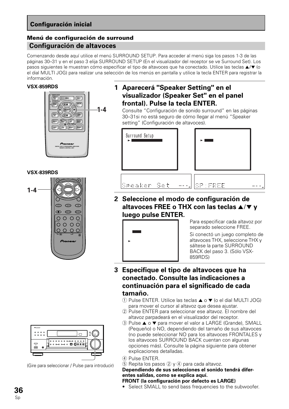 Configuración de altavoces, Configuración inicial, Menú de configuración de surround | Multi jog (turn to select / push to enter), Gire para seleccionar / pulse para introducir) | Pioneer VSX-839RDS User Manual | Page 36 / 116