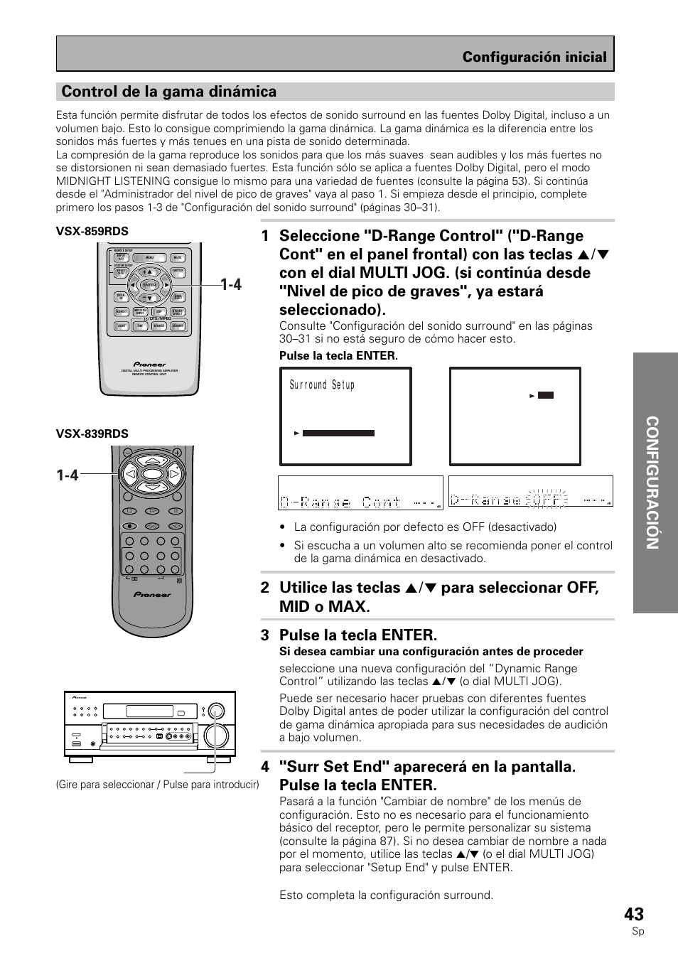 Configuración control de la gama dinámica, Configuración inicial, Multi jog (turn to select / push to enter) | Gire para seleccionar / pulse para introducir) | Pioneer VSX-839RDS User Manual | Page 43 / 116