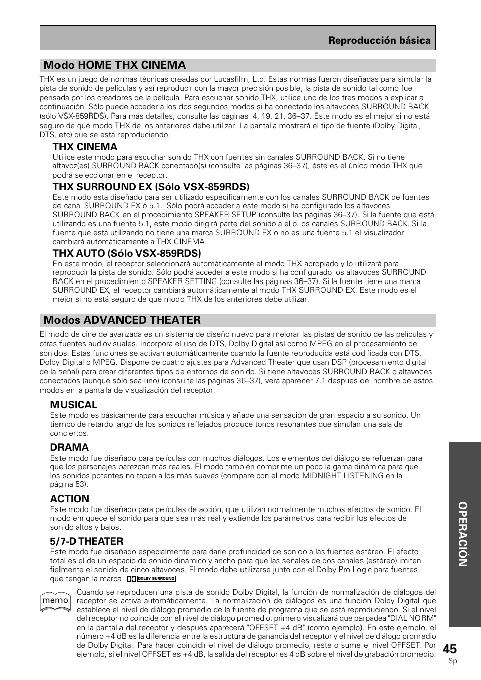 Operación, Modo home thx cinema, Modos advanced theater | Pioneer VSX-839RDS User Manual | Page 45 / 116