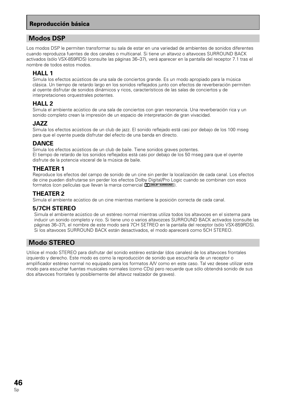 Modos dsp, Modo stereo | Pioneer VSX-839RDS User Manual | Page 46 / 116