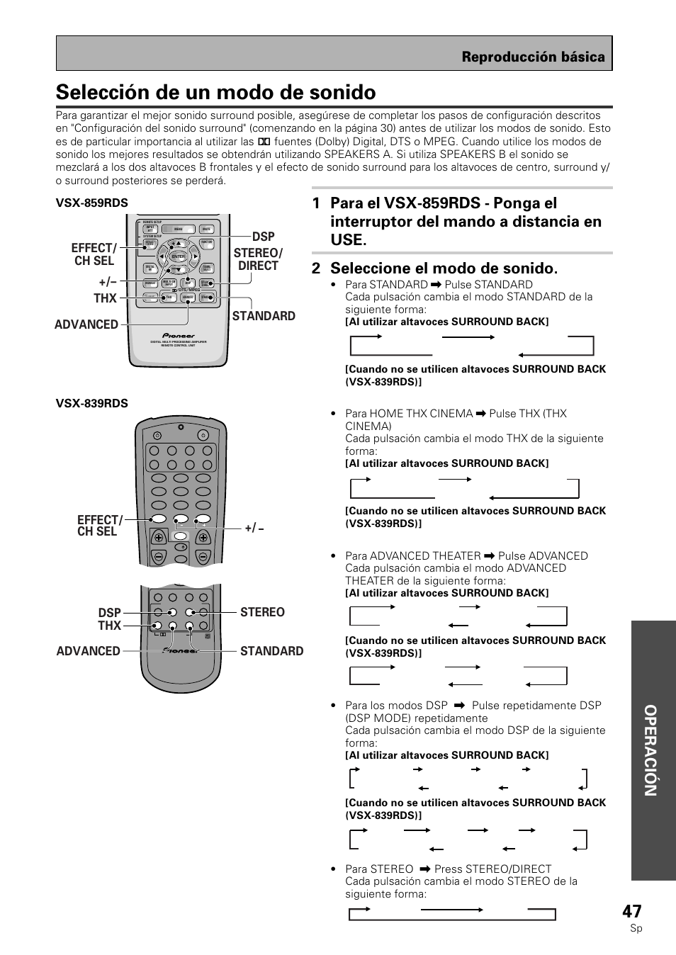 Selección de un modo de sonido, Reproducción básica, Effect/ ch sel | Stereo standard advanced dsp thx, Al utilizar altavoces surround back | Pioneer VSX-839RDS User Manual | Page 47 / 116
