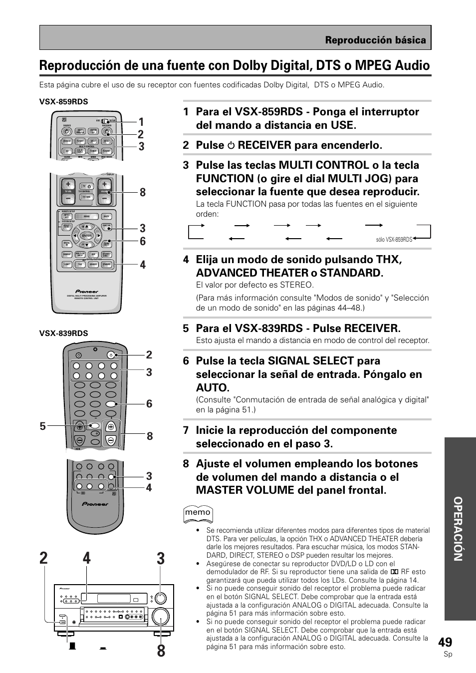 Operación, 5 para el vsx-839rds - pulse receiver, Reproducción básica | Tecla — off _ on, Off _on button | Pioneer VSX-839RDS User Manual | Page 49 / 116