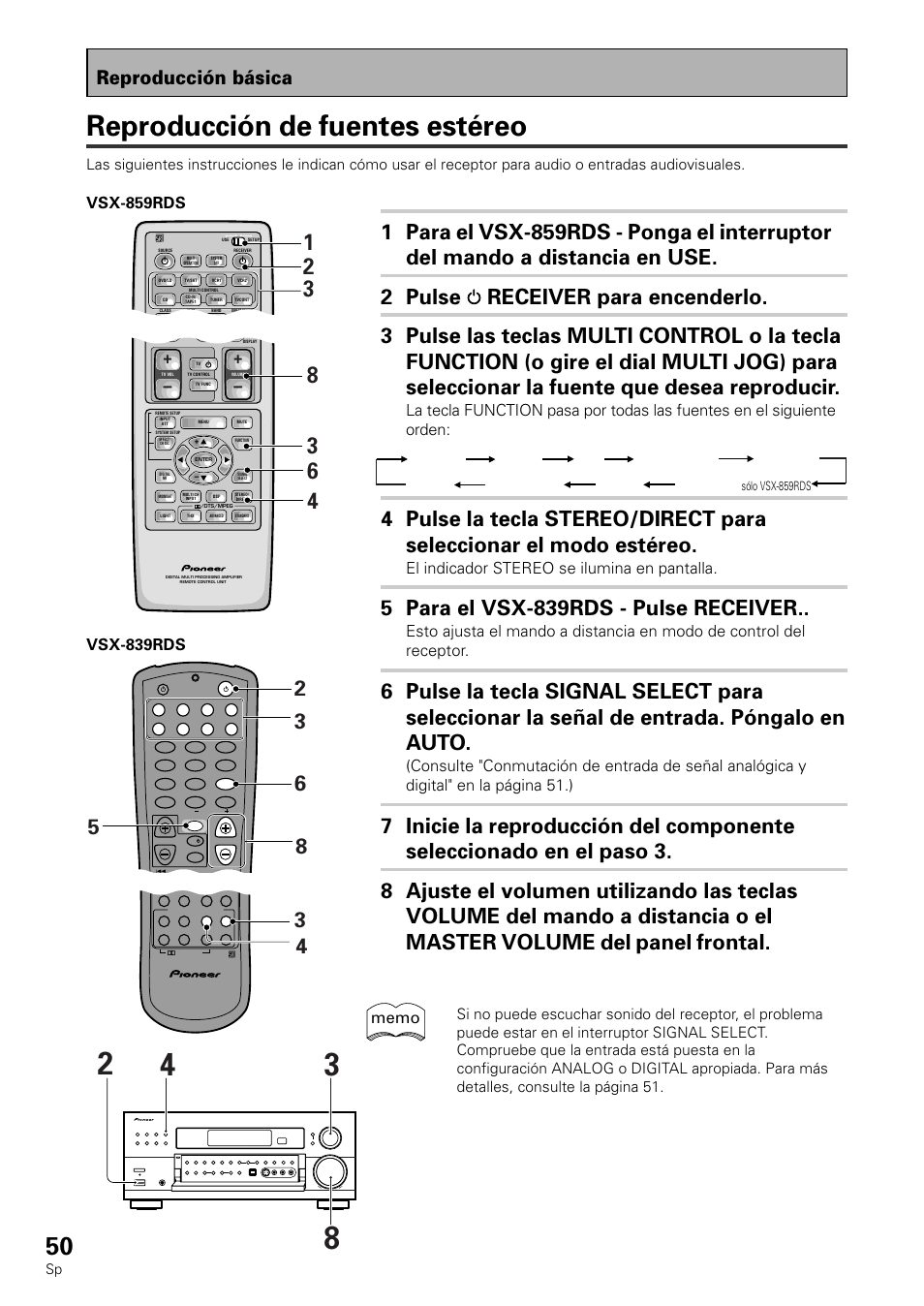 Reproducción de fuentes estéreo, 5 para el vsx-839rds - pulse receiver, Reproducción básica | El indicador stereo se ilumina en pantalla | Pioneer VSX-839RDS User Manual | Page 50 / 116