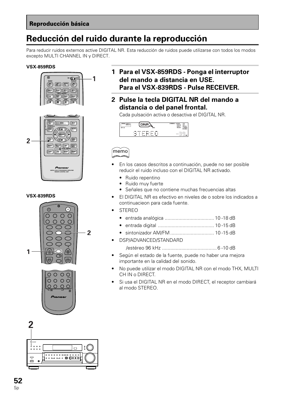 Reducción del ruido durante la reproducción, Reproducción básica | Pioneer VSX-839RDS User Manual | Page 52 / 116